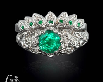 Emerald and Diamond Lotus Flower Engagement Ring and Matching Wedding Band in - LS1880