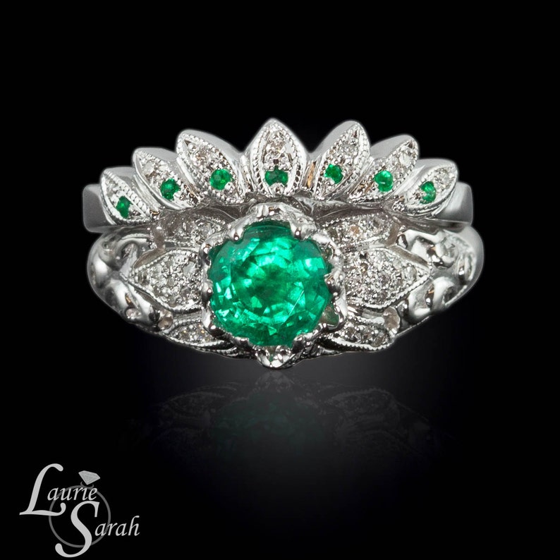 Emerald and Diamond Lotus Flower Engagement Ring and Matching Etsy