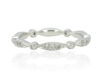 Scalloped Wedding Band - Pave and Bezel set Diamond Eternity Ring in 14k White Gold - Marquise and Dot Ring - LS4659