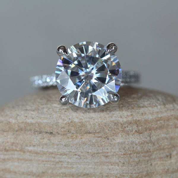 Forever One Moissanite Engagement Ring Hidden Halo with Claw Prongs, Lifetime Care Plan Included, Genuine Gems and Diamonds LS5469