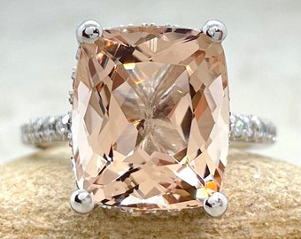 Peachy Pink Morganite Ring Rectangular Cushion Cut with Diamond Prongs, Lifetime Care Plan Included, Genuine Gems and Diamonds LS4874