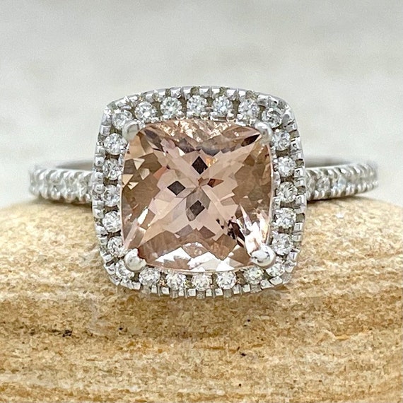 Classic Square Cushion Morganite Ring With Diamond Halo and Shank
