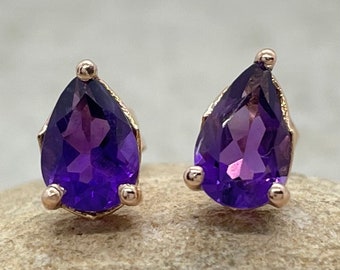 February Amethyst Birthstone Earrings Pear Cut 1 Carat Push Back Studs - LS6653