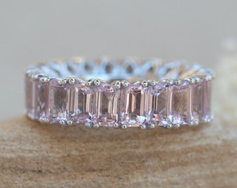 Emerald Cut Pink Morganite Wedding Band - Lifetime Care Plan Included - LS6169