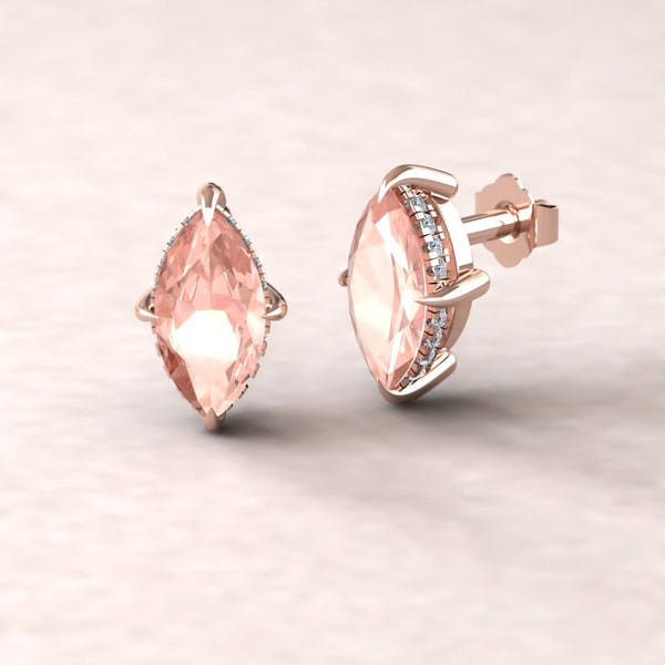 Marquise Cut Morganite Earrings with Fang Prongs, Hidden Diamond Halos, Lifetime Care Plan Included, Genuine Gems and Diamonds LS5745