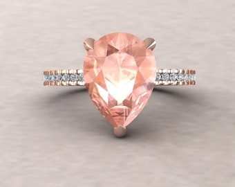 Natural Morganite Engagement Ring - 12x9mm Pear Solitaire "Beverly" Ring with Genuine F, VS2 Diamonds - by Laurie Sarah - LS5724