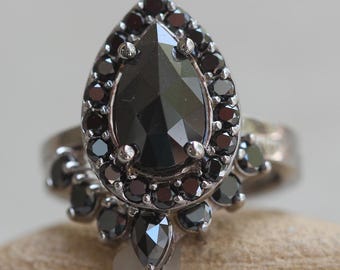 Pear Rose Cut Black Diamond Bridal Set with Single Halo and Crown Band, Lifetime Care Plan Included, Genuine Diamonds LS6381