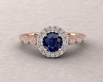 Round Blue Sapphire Ring with Single Halo and Vintage Marquise Shank, Lifetime Care Plan Included, Genuine Gems and Diamonds LS5659