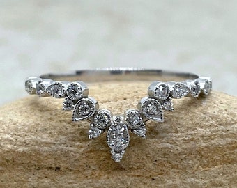 Vintage Crown Wedding Ring, Tiny, Milgrain Beaded Pear and Round Cuts, Lifetime Care Plan Included, Genuine Gems and Diamonds LS6478