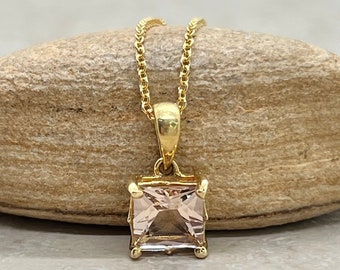Dainty Pink Morganite Pendant 6mm Princess Cut in Yellow Gold, Lifetime Care Plan Included, Genuine Gems and Diamonds LS6442