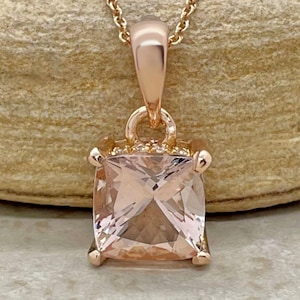 Genuine Cushion Morganite Pendant Peachy Pink with Diamond Side Halo, Lifetime Care Plan Included, Genuine Gems and Diamonds LS5393