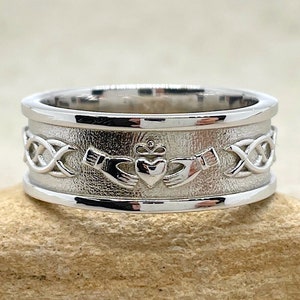 Irish Claddagh Man’s Ring Wedding Band with Celtic Knot Design, Lifetime Care Plan Included, LS4275