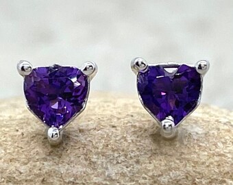 Tiny February Birthstone Studs Heart Cut Genuine Purple Amethysts - LS6655