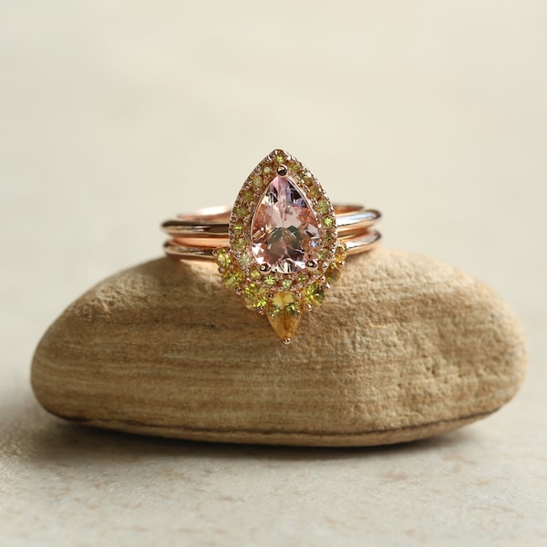 Pink Morganite Engagement Ring Set with Natural 9x6mm Pear Cut Morganite and Genuine Yellow Sapphires - LS6029