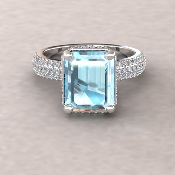 Emerald Cut Aquamarine Ring with Filigree Basket and Diamond Shank, Lifetime Care Plan Included, Genuine Gems and Diamonds LS6042
