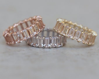 Emerald Cut Morganite Eternity Ring for your Wedding or Anniversary, Lifetime Care Plan Included, Genuine Gems and Diamonds LS5934