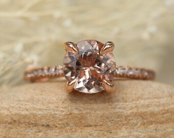 Solitaire Morganite Engagement Ring, Hidden Halo Claw Prongs, Diamonds,