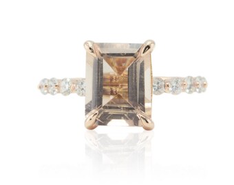 Emerald Cut Morganite Engagement Ring, 2.50 carats with 10 diamonds, Lifetime Care Plan Included, Genuine Gems and Diamonds LS4594