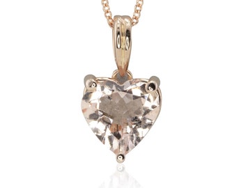 Morganite Heart Necklace - Heart Shaped Rosy Pink Morganite Pendant with Peach Sapphire Bezels and 16" Rose Gold Chain - LS4730