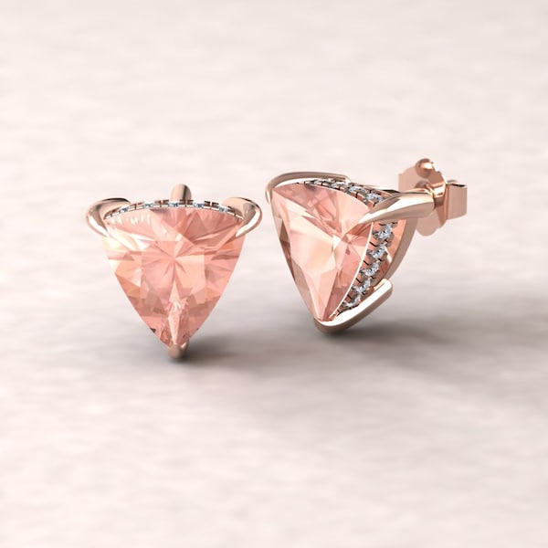 Trillion Morganite Earrings with Fang Prongs, Hidden Diamond Halo, Lifetime Care Plan Included, Genuine Gems and Diamonds LS5752