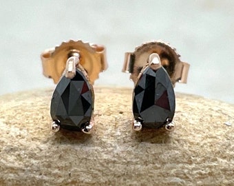 Dainty Black Diamond Earrings in 14k Rose Gold - 5x3mm Pear Cut Push Back Studs LS6513