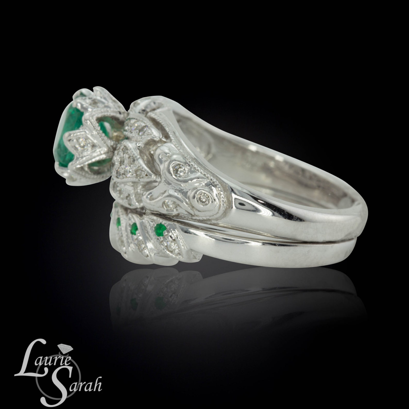 Emerald and Diamond Lotus Flower Engagement Ring and Matching Etsy