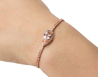 Morganite Bracelet - Pear Shaped Morganite and Diamond Halo Tennis Bracelet with Peach Sapphires and Rose Gold Filigree - LS4379
