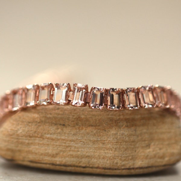 Morganite Tennis Bracelet Emerald Cut with Genuine Gems, Safety Clasp, Lifetime Care Plan Included, Genuine Gems and Diamonds LS6316