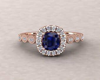 Cushion Blue Sapphire Ring with Single Halo and Vintage Marquise Shank, Lifetime Care Plan Included, Genuine Gems and Diamonds LS5661