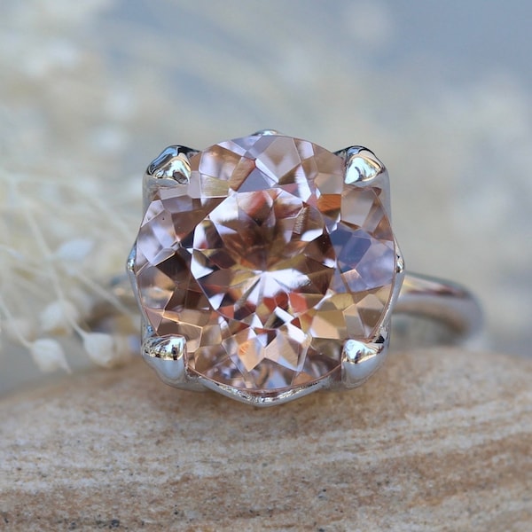 Round Morganite Solitaire Ring with Rounded Lily Flower Petal Prongs, Lifetime Care Plan Included, Genuine Gems and Diamonds LS5865