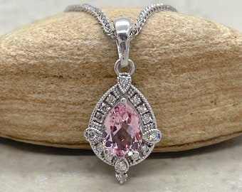 Pure Pink Morganite Pendant in 14k White Gold - Pear Cut with White Diamond Halo LS6570