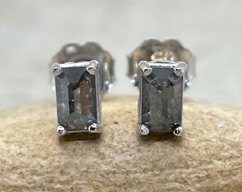 Emerald Cut Salt and Pepper Studs with Filigree detail, Lifetime Care Plan Included, Genuine Gems and Diamonds LS6539