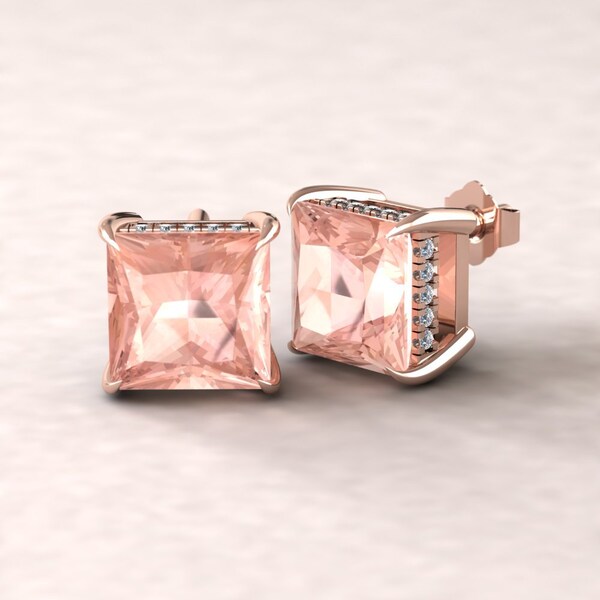 Princess Cut Morganite Earrings with Fang Prongs, Hidden Diamond Halos, Lifetime Care Plan Included, Genuine Gens and Diamonds LS5747