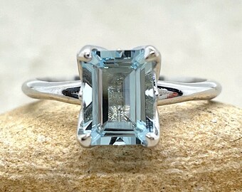 Solitaire Aquamarine Engagement Ring Emerald Cut with Petal Prongs, Lifetime Care Plan Included, Genuine Gems and Diamonds LS6691