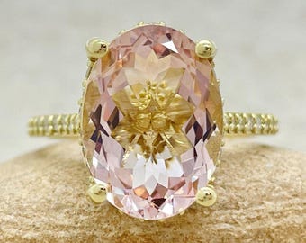Oval Pink Morganite Ring with Diamond Hidden Halo and Gold Filigree, Lifetime Care Plan Included, Genuine Gems and Diamonds LS6790