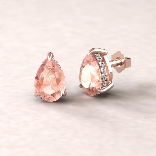 Pear Cut Morganite Earrings with Fang Prongs, Hidden Diamond Halos, Lifetime Care Plan Included, Genuine Gems and Diamonds LS5746