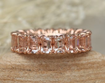 Full Eternity Morganite Band Emerald Cut with Petal Prongs in 14k Rose Gold LS5935