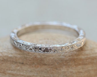 Intricately Engraved Wedding Band in Solid 18k White Gold LS1813