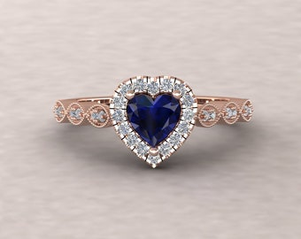 Vintage Heart Cut Ring, Genuine Sapphire, Cathedral Marquise Shank, Lifetime Care Plan Included, Genuine Gems and Diamonds LS5652