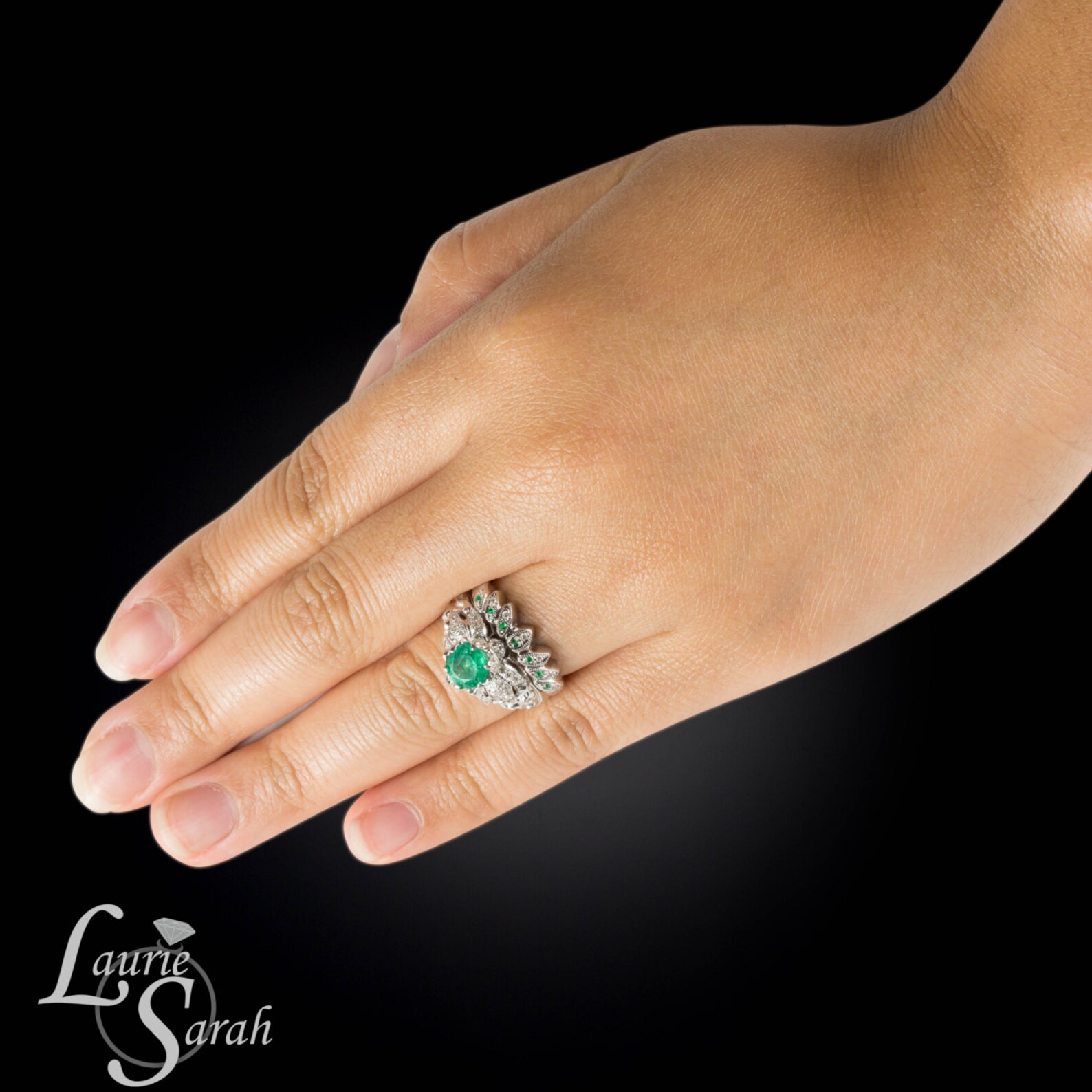 Emerald and Diamond Lotus Flower Engagement Ring and Matching Etsy