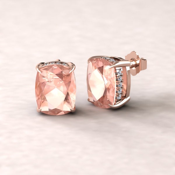 Cushion Solitaire Morganite Earrings With Diamond Halo and Fang Prongs, Lifetime Care Plan Included, Genuine Gems and Diamonds LS5749