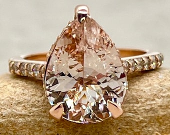 Flower Filigree Ring, Genuine Morganite Pear Cut, Hidden Diamond Halo, Lifetime Care Plan Included, Genuine Gems and Diamonds LS6796