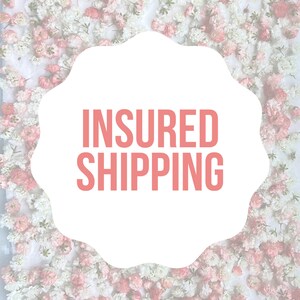 May include: White background with a pink flower border. A white circle with a pink outline and the text "INSURED SHIPPING" in pink.