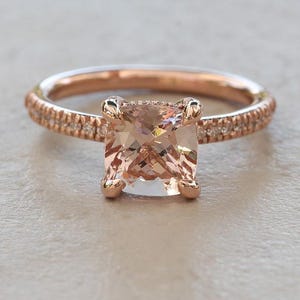 Square Cushion Morganite Engagement Ring with Diamond Halo and Prongs, Lifetime Care Plan Included, Genuine Gems and Diamonds LS6594