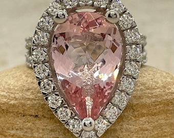 Pink Pear Morganite Engagement Ring, 5 Carats, Large Halo, Split Shank, Lifetime Care Plan Included, Genuine Gems and Diamonds LS6347