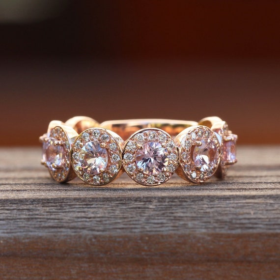Pink Sapphire Halo Ring Lab or Organic Diamond Halos Almost Eternity, Lifetime Care Plan Included, Genuine Gems and Diamonds LS3590