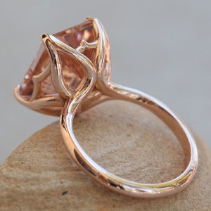 5 Carat Morganite Ring, Emerald Cut, with Handmade Golden Lily Petals, Lifetime Care Plan Included, Genuine Gems and Diamonds LS6099 image 3