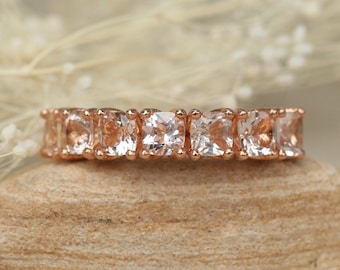 Square Cushion Morganite Band with 7 Gems held in Lily Petal Prongs, Lifetime Care Plan Included, Genuine Gems and Diamonds LS5946