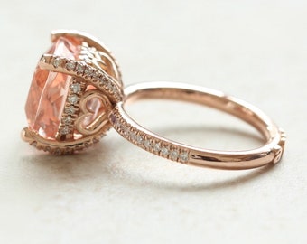 Morganite Initial Engagement Ring Square Cushion Cut with Diamonds, Lifetime Care Plan Included, Genuine Gems and Diamonds LS4413