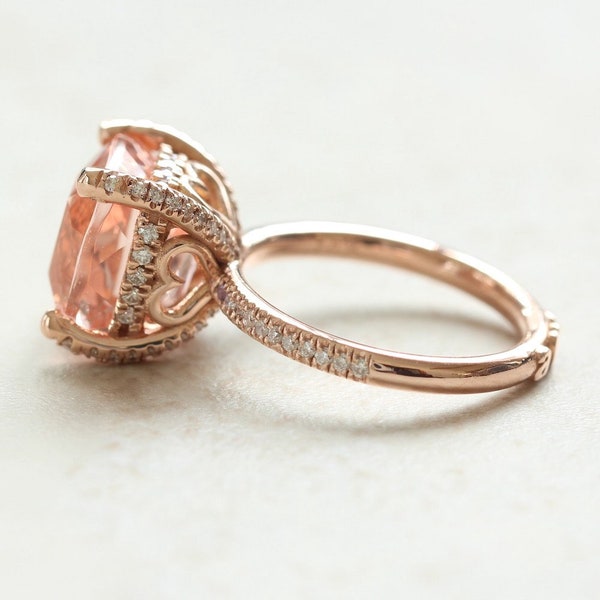 Morganite Initial Engagement Ring Square Cushion Cut with Diamonds, Lifetime Care Plan Included, Genuine Gems and Diamonds LS4413